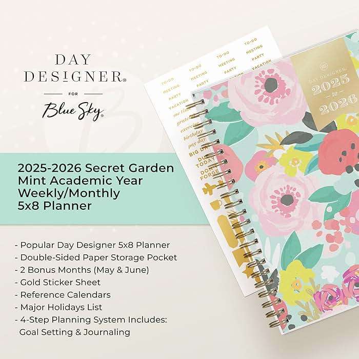 Blue Sky Day Designer 2025-2026 Weekly and Monthly Academic Year Planner Calendar, July 2025 - June 2026, 5" x 8", Flexible Cover, Laminated Tabs, Storage Pocket, Includes Stickers, Secret Garden Mint - Image 8