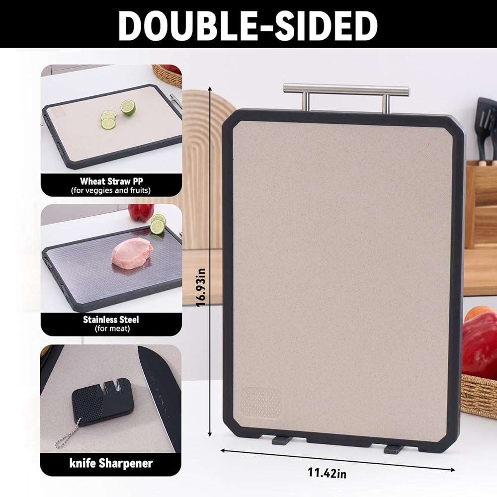 Stainless Steel Cutting Board for Kitchen, Double Sided Stainless Steel & Wheat Straw PP, Non Slip with Juice Groove, Anti-Scratch, Large Chopping Board for Kitchen (Solid Surface) - Image 2