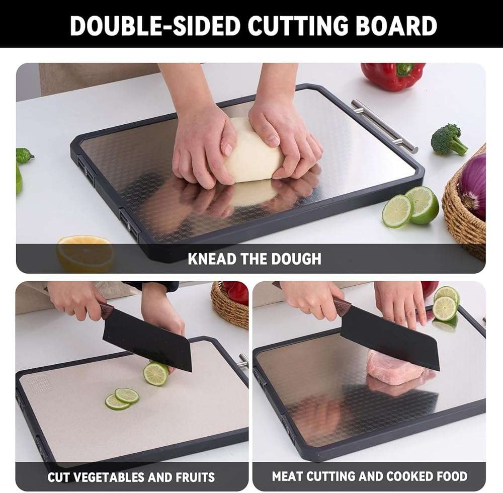 Stainless Steel Cutting Board for Kitchen, Double Sided Stainless Steel & Wheat Straw PP, Non Slip with Juice Groove, Anti-Scratch, Large Chopping Board for Kitchen (Solid Surface) - Image 5