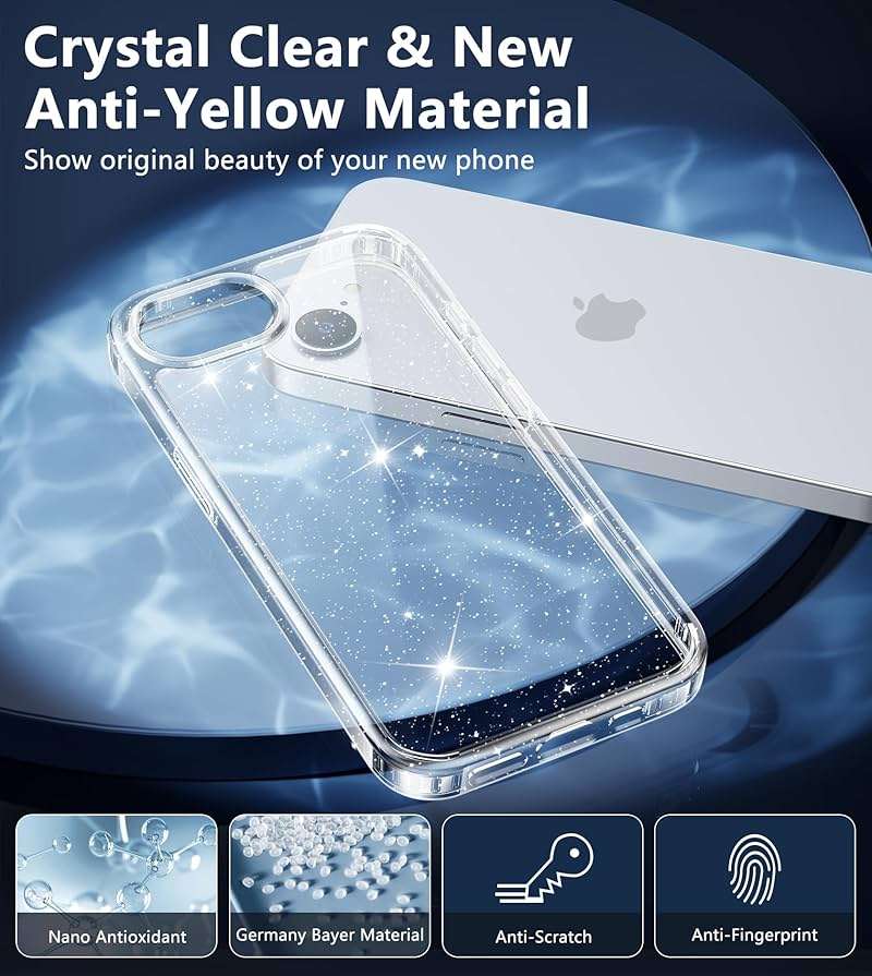 FNTCASE for iPhone 17e Case Glitter: for iPhone 16e Case Bling Sparkle Clear Anti Yellowing Rugged Case Military Grade Protection Slim Cases | Scratch-Resistant Transparent Cell Phone Cover (Shiny) - Image 4