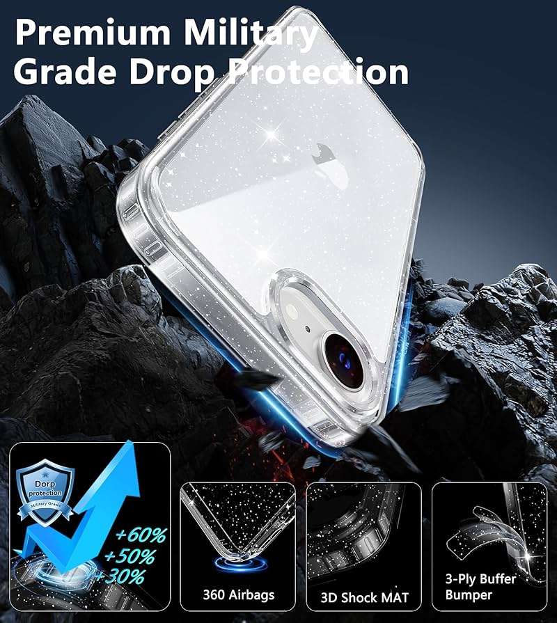 FNTCASE for iPhone 17e Case Glitter: for iPhone 16e Case Bling Sparkle Clear Anti Yellowing Rugged Case Military Grade Protection Slim Cases | Scratch-Resistant Transparent Cell Phone Cover (Shiny) - Image 6