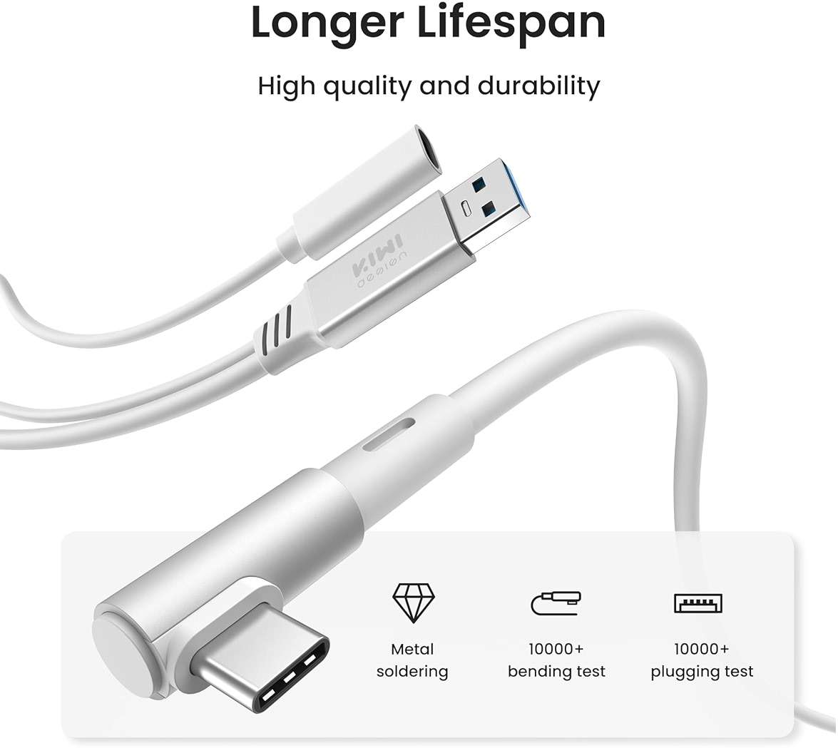 KIWI design Link Cable with Charging 16FT Compatible with Meta Quest 3S/3/2/Pro/Pico 4 Accessories and PC/SteamVR, USB 3.0 to USB C Link Cable with 5Gbps Super Speed for Extended Gameplay, White - Image 2