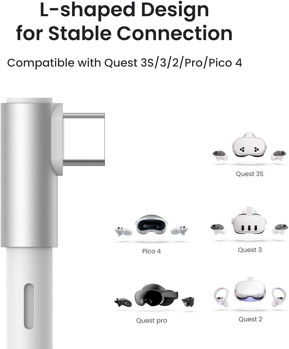 KIWI design Link Cable with Charging 16FT Compatible with Meta Quest 3S/3/2/Pro/Pico 4 Accessories and PC/SteamVR, USB 3.0 to USB C Link Cable with 5Gbps Super Speed for Extended Gameplay, White - Image 3