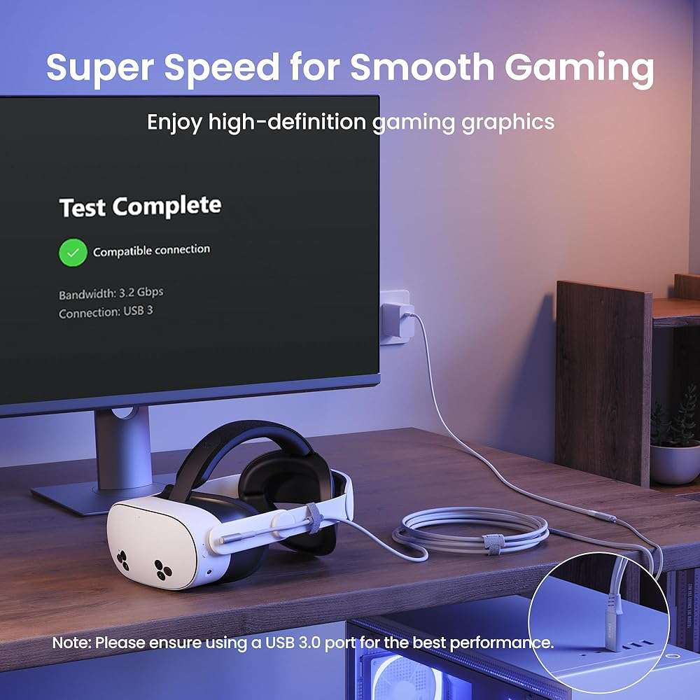 KIWI design Link Cable with Charging 16FT Compatible with Meta Quest 3S/3/2/Pro/Pico 4 Accessories and PC/SteamVR, USB 3.0 to USB C Link Cable with 5Gbps Super Speed for Extended Gameplay, White - Image 6