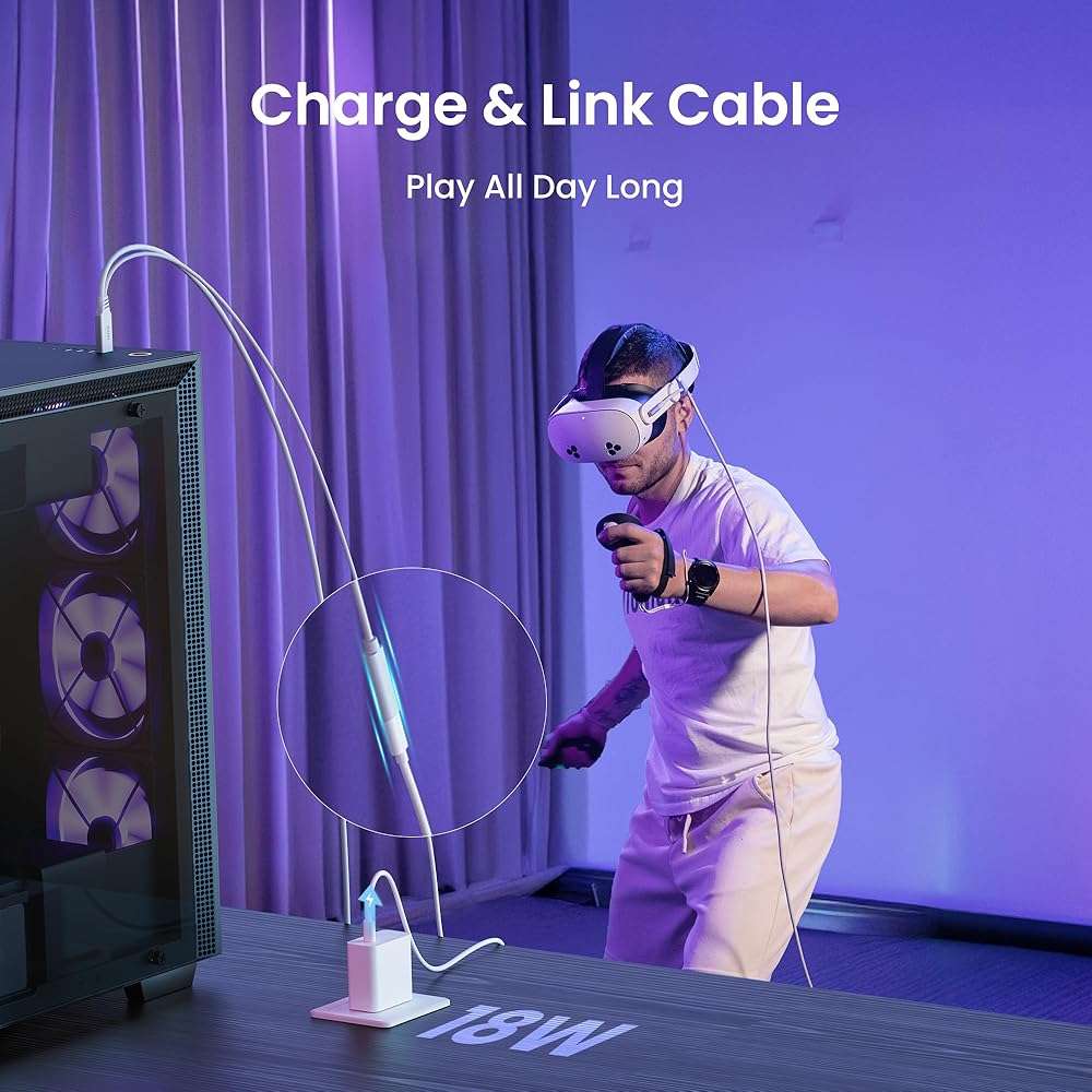 KIWI design Link Cable with Charging 16FT Compatible with Meta Quest 3S/3/2/Pro/Pico 4 Accessories and PC/SteamVR, USB 3.0 to USB C Link Cable with 5Gbps Super Speed for Extended Gameplay, White - Image 7