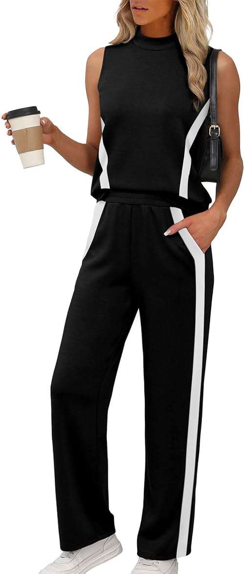 XIEERDUO Two Piece Sets for Women Summer Outfits Travel Mock Neck Lounge Sets Wide Leg Pants Beach Vacation Clothes - Image 2