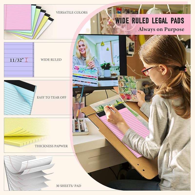 8.5 x 11 Legal Pads, Colored Legal Pads, Wide Ruled, 12 Pack Note Pads 8.5 x 11, Multicolor Perforated Note Pads with Sturdy White Back, Writing Pad,30 Sheets Per Notepad for School, Home, Office - Image 4