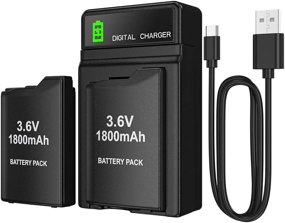 BSSING PSP Battery and Charger, 2Pcs 1800mAh 3.6v Lithium Polymer Replacement Rechargeable Batteries with LED Charging Station for PSP 1000 1001, PSP-110, PSP Fat Console - Image 1