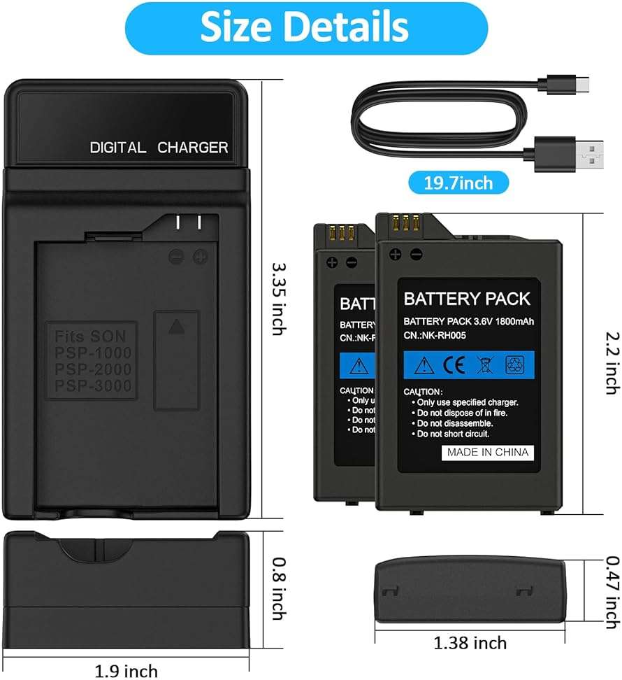 BSSING PSP Battery and Charger, 2Pcs 1800mAh 3.6v Lithium Polymer Replacement Rechargeable Batteries with LED Charging Station for PSP 1000 1001, PSP-110, PSP Fat Console - Image 7