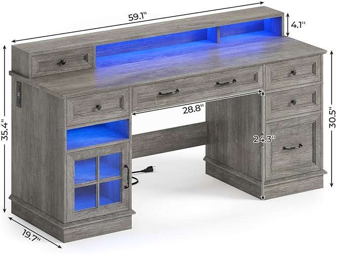 BTHFST Farmhouse Executive Desk with File Drawer, Computer Desk with Charging Station & LED Lights, Home Office Desk with Drawers & Storage Cabinet, Executive Office Desk with Monitor Stand, Grey - Image 2