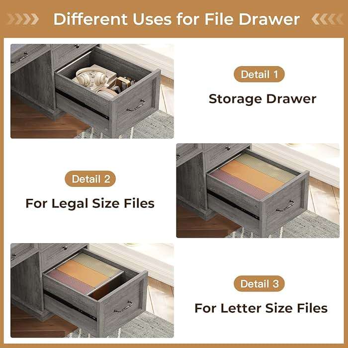 BTHFST Farmhouse Executive Desk with File Drawer, Computer Desk with Charging Station & LED Lights, Home Office Desk with Drawers & Storage Cabinet, Executive Office Desk with Monitor Stand, Grey - Image 3