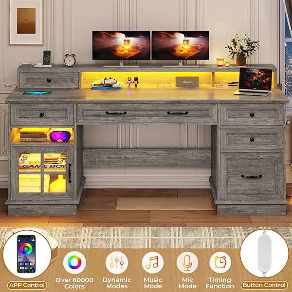 BTHFST Farmhouse Executive Desk with File Drawer, Computer Desk with Charging Station & LED Lights, Home Office Desk with Drawers & Storage Cabinet, Executive Office Desk with Monitor Stand, Grey - Image 5