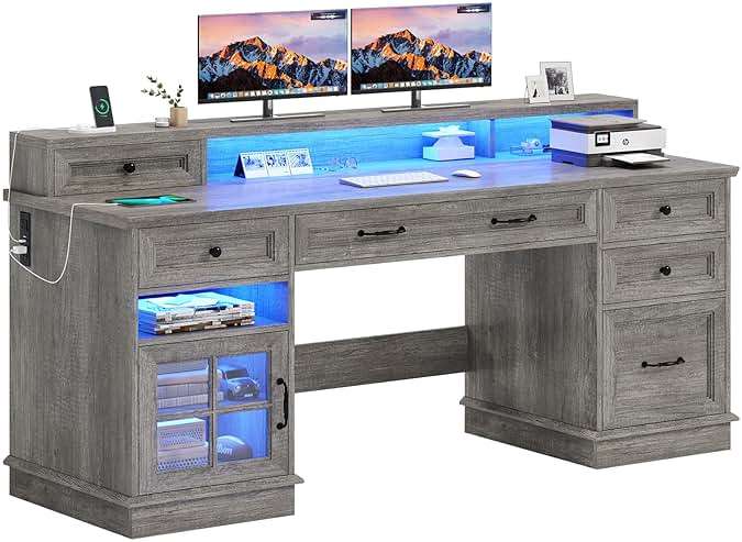 BTHFST Farmhouse Executive Desk with File Drawer, Computer Desk with Charging Station & LED Lights, Home Office Desk with Drawers & Storage Cabinet, Executive Office Desk with Monitor Stand, Grey - Image 8
