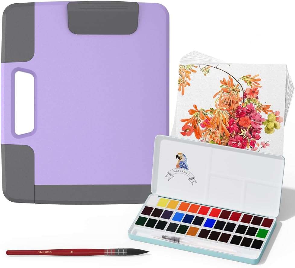 MEI LIANG Travel Watercolor Paint Set, Watercolor Set Includes 36 Colors Solid Watercolors + 7.5x7.5 inch 50% Cotton Watercolor Paper(20 Sheets) + 1 Watercolor Brush + Purple Handheld Organizer - Image 1