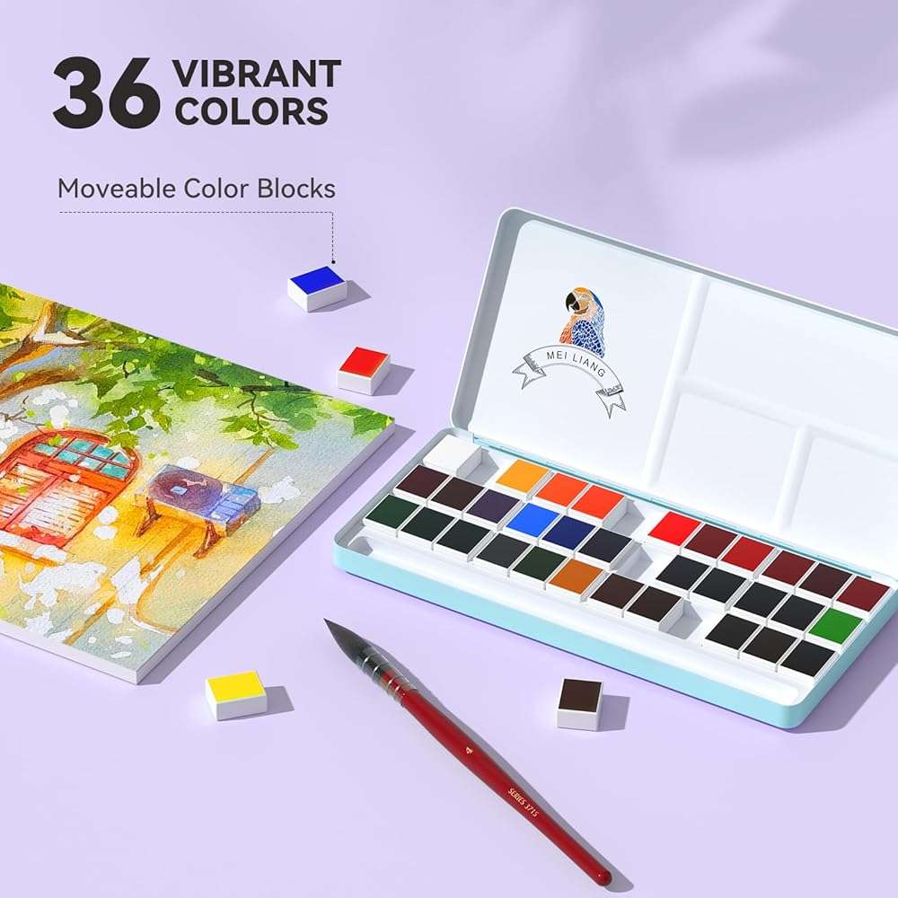 MEI LIANG Travel Watercolor Paint Set, Watercolor Set Includes 36 Colors Solid Watercolors + 7.5x7.5 inch 50% Cotton Watercolor Paper(20 Sheets) + 1 Watercolor Brush + Purple Handheld Organizer - Image 3