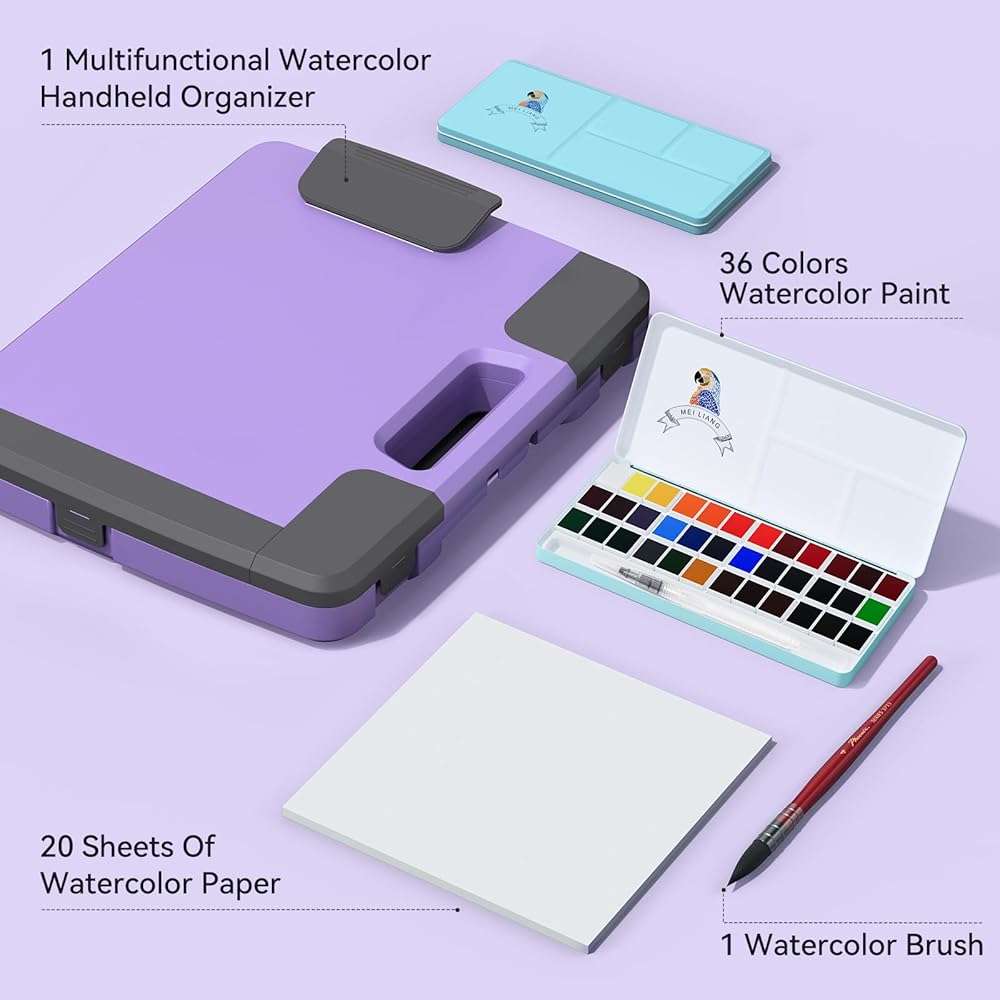 MEI LIANG Travel Watercolor Paint Set, Watercolor Set Includes 36 Colors Solid Watercolors + 7.5x7.5 inch 50% Cotton Watercolor Paper(20 Sheets) + 1 Watercolor Brush + Purple Handheld Organizer - Image 4