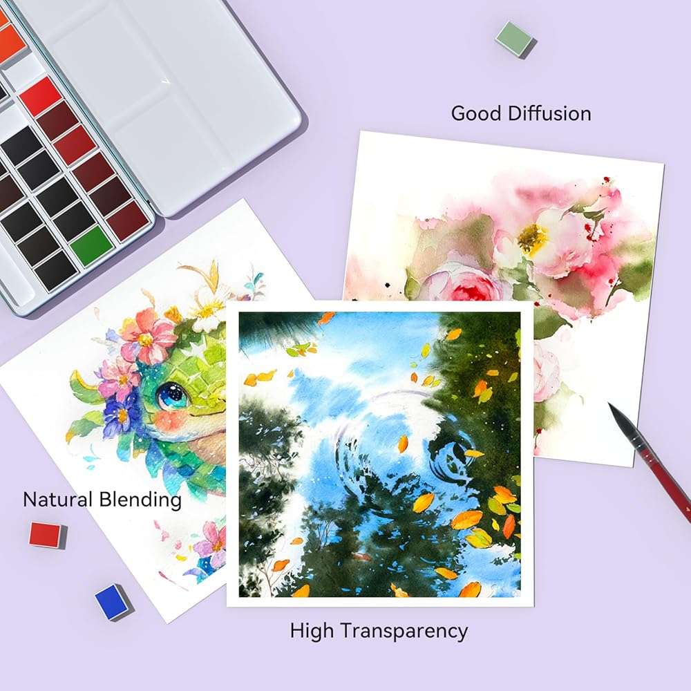 MEI LIANG Travel Watercolor Paint Set, Watercolor Set Includes 36 Colors Solid Watercolors + 7.5x7.5 inch 50% Cotton Watercolor Paper(20 Sheets) + 1 Watercolor Brush + Purple Handheld Organizer - Image 5