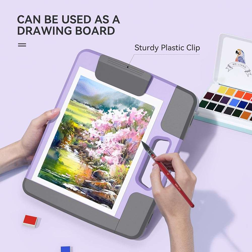MEI LIANG Travel Watercolor Paint Set, Watercolor Set Includes 36 Colors Solid Watercolors + 7.5x7.5 inch 50% Cotton Watercolor Paper(20 Sheets) + 1 Watercolor Brush + Purple Handheld Organizer - Image 7