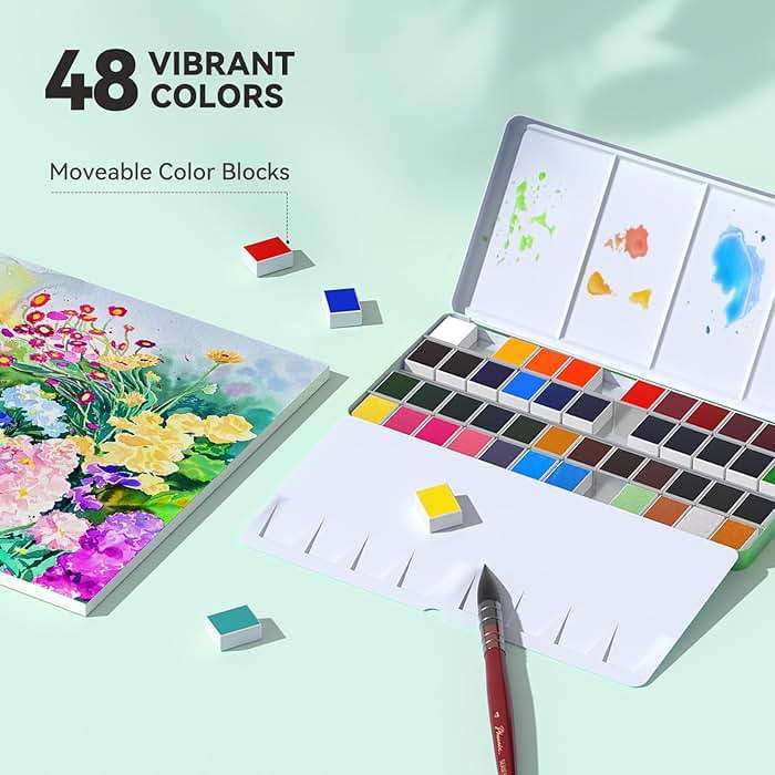 MEI LIANG Travel Watercolor Paint Set, Watercolor Set Includes 48 Colors Solid Watercolors + 7.5x7.5 inch 50% Cotton Watercolor Paper(20 Sheets) + 1 Watercolor Brush + Green Handheld Organizer - Image 3