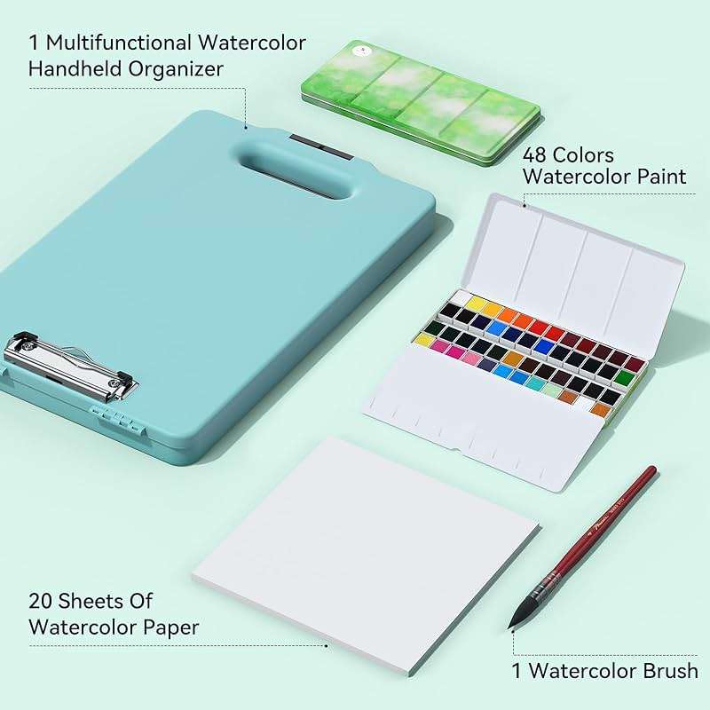 MEI LIANG Travel Watercolor Paint Set, Watercolor Set Includes 48 Colors Solid Watercolors + 7.5x7.5 inch 50% Cotton Watercolor Paper(20 Sheets) + 1 Watercolor Brush + Green Handheld Organizer - Image 4