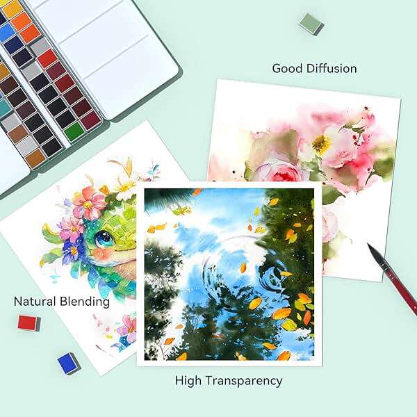 MEI LIANG Travel Watercolor Paint Set, Watercolor Set Includes 48 Colors Solid Watercolors + 7.5x7.5 inch 50% Cotton Watercolor Paper(20 Sheets) + 1 Watercolor Brush + Green Handheld Organizer - Image 5