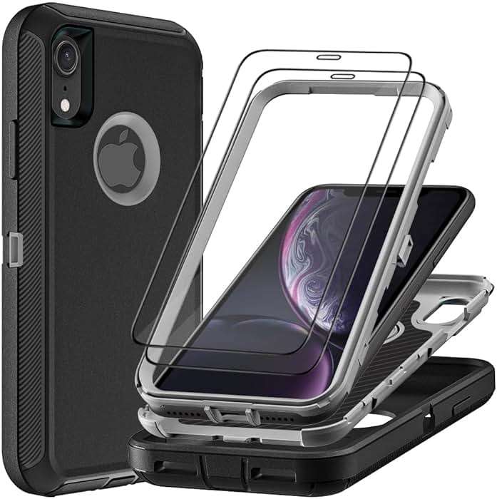 TFDSEUGH for iPhone XR Case with 2Pcs Tempered Glass Screen Protector, Military Grade 3 in 1 Heavy Duty Shockproof/Drop Proof/Dust Proof Case (Black/Grey) - Image 1