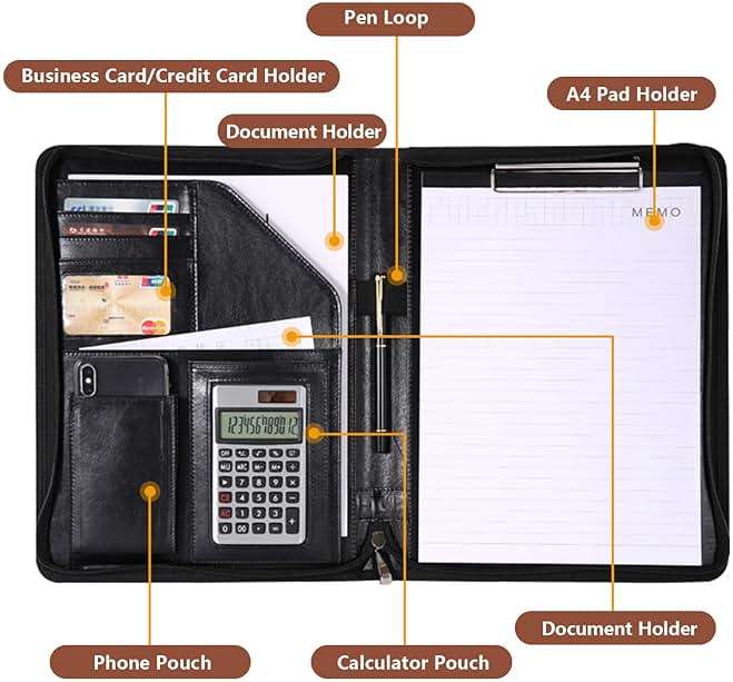Personalized Zippered Padfolio with Custom Logo/Text/Photo - Leather Planner Binder and Portfolio Folder for Documents - A4/Letter Size with Business Card Holder for Men & Women (Black) - Image 5