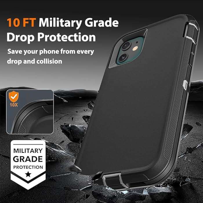 TFDSEUGH for iPhone 11 Case with 2Pcs Tempered Glass Screen Protector and 1Pcs Camera Lens Protector, Military Grade 3 in 1 Heavy Duty Shockproof/Drop Proof/Dust Proof Case (Black/Grey) - Image 6