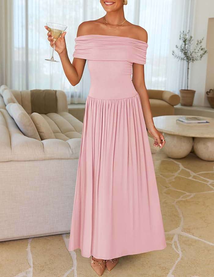 ZESICA Women's Off The Shoulder Maxi Dress 2026 Summer Sleeveless Casual Slim Swing Pleated Formal Party Dresses - Image 2