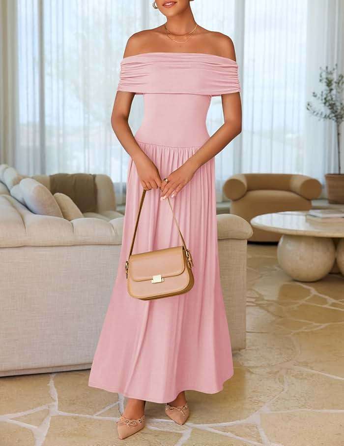 ZESICA Women's Off The Shoulder Maxi Dress 2026 Summer Sleeveless Casual Slim Swing Pleated Formal Party Dresses - Image 3