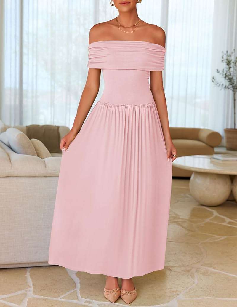 ZESICA Women's Off The Shoulder Maxi Dress 2026 Summer Sleeveless Casual Slim Swing Pleated Formal Party Dresses - Image 5