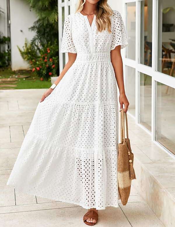ZESICA Summer Dresses for Women 2026 Casual V Neck Short Sleeve Eyelet A Line Beach Vacation Long Maxi Dresses - Image 2