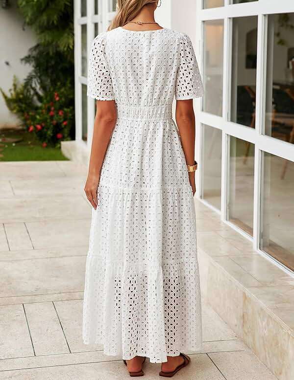 ZESICA Summer Dresses for Women 2026 Casual V Neck Short Sleeve Eyelet A Line Beach Vacation Long Maxi Dresses - Image 3