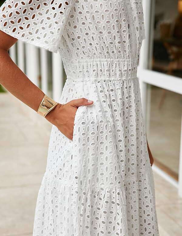ZESICA Summer Dresses for Women 2026 Casual V Neck Short Sleeve Eyelet A Line Beach Vacation Long Maxi Dresses - Image 4