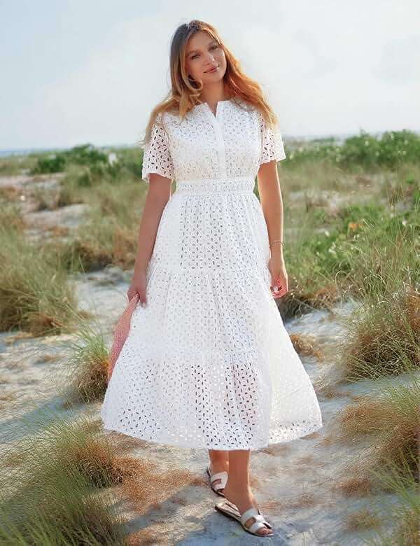 ZESICA Summer Dresses for Women 2026 Casual V Neck Short Sleeve Eyelet A Line Beach Vacation Long Maxi Dresses - Image 5