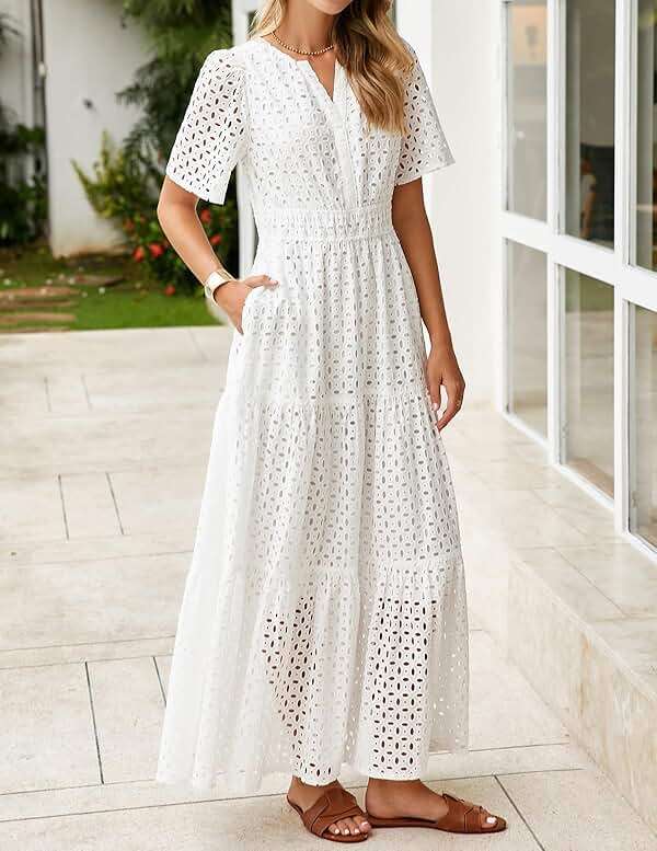 ZESICA Summer Dresses for Women 2026 Casual V Neck Short Sleeve Eyelet A Line Beach Vacation Long Maxi Dresses - Image 7