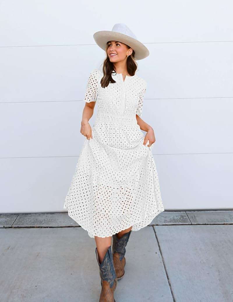 ZESICA Summer Dresses for Women 2026 Casual V Neck Short Sleeve Eyelet A Line Beach Vacation Long Maxi Dresses - Image 8
