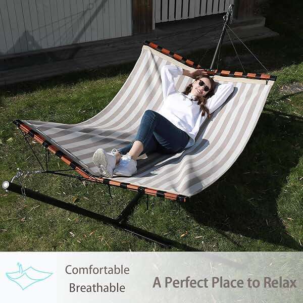 TegerDeger 12FT 2 Person Hammock Large Hammock Quick Dry 450LB Capacity with V Shaped Hardwood Spreader Bar & Nylon Rope for Outside, Patio, Garden, Backyard, Beach, Poolside - Beige Stripes - Image 2