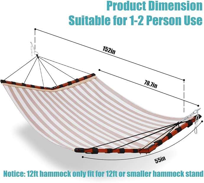 TegerDeger 12FT 2 Person Hammock Large Hammock Quick Dry 450LB Capacity with V Shaped Hardwood Spreader Bar & Nylon Rope for Outside, Patio, Garden, Backyard, Beach, Poolside - Beige Stripes - Image 3