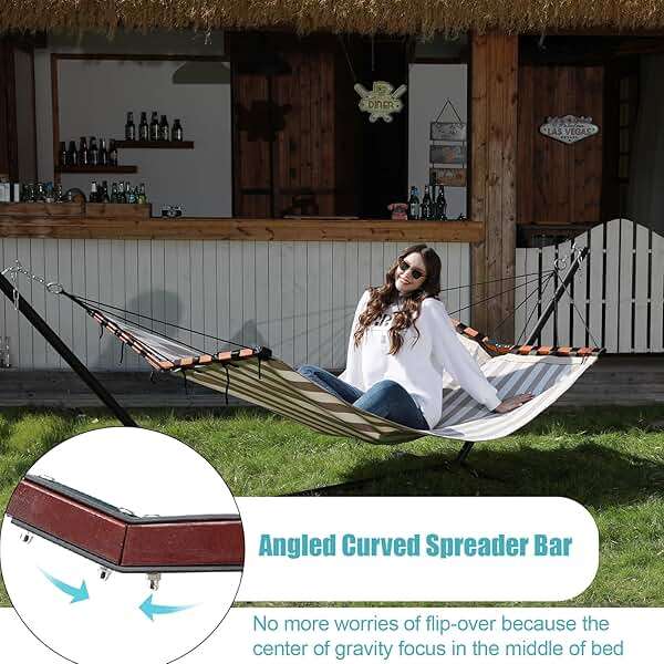 TegerDeger 12FT 2 Person Hammock Large Hammock Quick Dry 450LB Capacity with V Shaped Hardwood Spreader Bar & Nylon Rope for Outside, Patio, Garden, Backyard, Beach, Poolside - Beige Stripes - Image 4