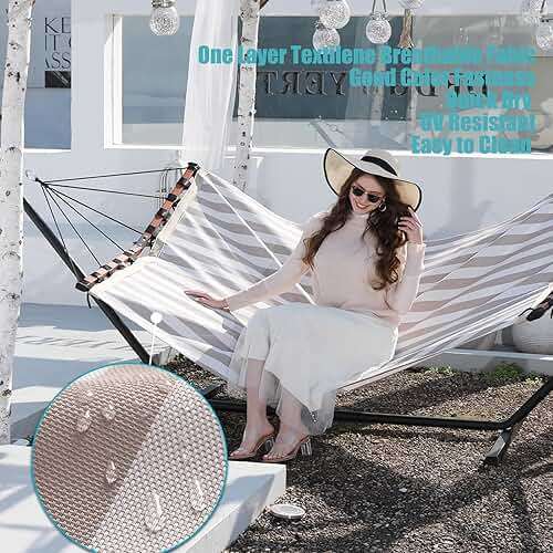 TegerDeger 12FT 2 Person Hammock Large Hammock Quick Dry 450LB Capacity with V Shaped Hardwood Spreader Bar & Nylon Rope for Outside, Patio, Garden, Backyard, Beach, Poolside - Beige Stripes - Image 5