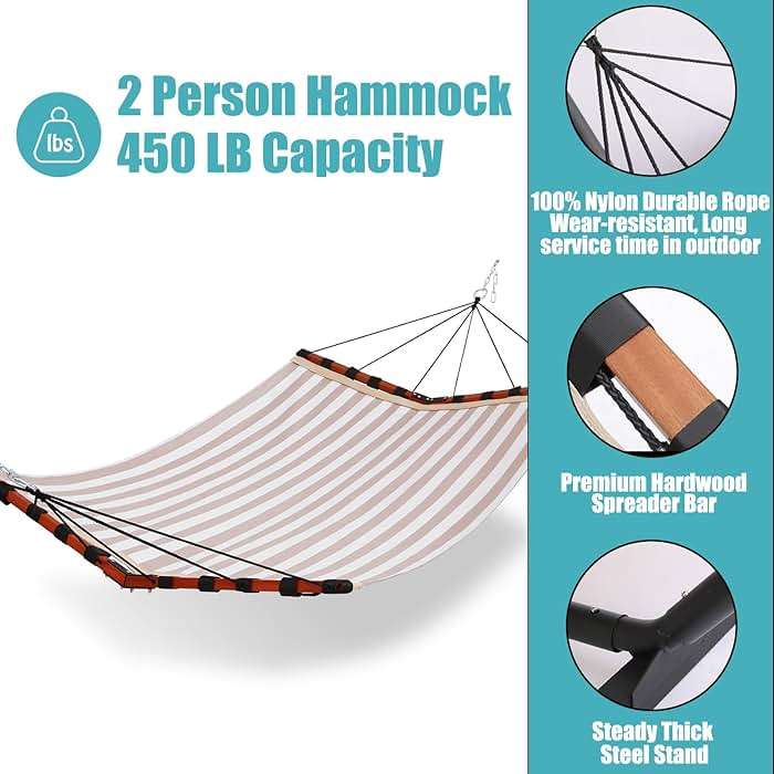 TegerDeger 12FT 2 Person Hammock Large Hammock Quick Dry 450LB Capacity with V Shaped Hardwood Spreader Bar & Nylon Rope for Outside, Patio, Garden, Backyard, Beach, Poolside - Beige Stripes - Image 6