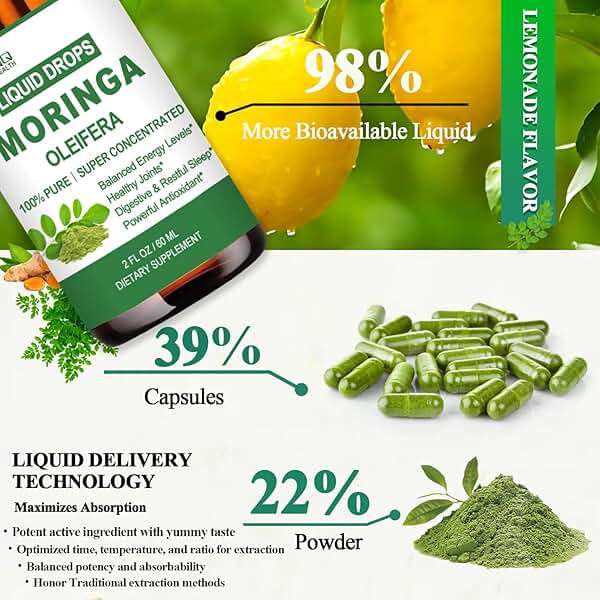 Pure Moringa Oleifera Liquid Drops, Organic Moringa Leaf Extract w. Turmeric, Black Pepper, Moringa Supplement for Energy Metabolism Immune Skin Joint & Gut, 6X Stronger Than Moringa Capsules Powder - Image 6