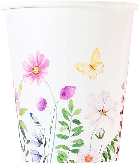 Elyxio 100Pcs Wildflowers Butterfly Disposable Party Paper Cups 9oz | Spring Summer Floral Hot Cold Beverage Drinking Cups for Bridal Wedding Shower Shower Party Supplies - Image 1