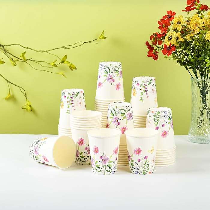 Elyxio 100Pcs Wildflowers Butterfly Disposable Party Paper Cups 9oz | Spring Summer Floral Hot Cold Beverage Drinking Cups for Bridal Wedding Shower Shower Party Supplies - Image 2