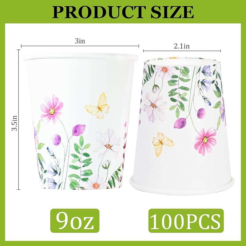 Elyxio 100Pcs Wildflowers Butterfly Disposable Party Paper Cups 9oz | Spring Summer Floral Hot Cold Beverage Drinking Cups for Bridal Wedding Shower Shower Party Supplies - Image 3