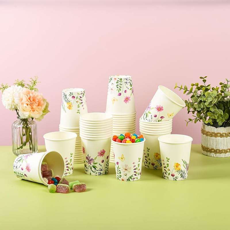 Elyxio 100Pcs Wildflowers Butterfly Disposable Party Paper Cups 9oz | Spring Summer Floral Hot Cold Beverage Drinking Cups for Bridal Wedding Shower Shower Party Supplies - Image 4