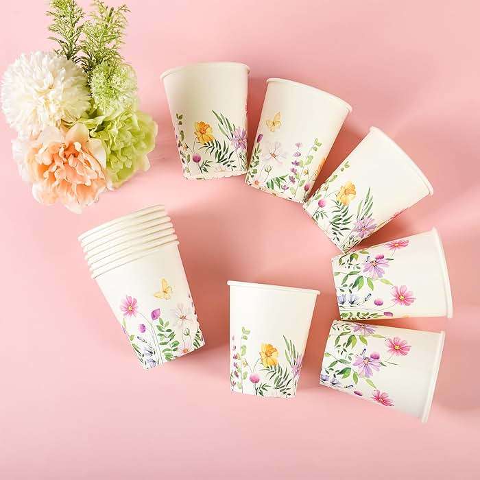 Elyxio 100Pcs Wildflowers Butterfly Disposable Party Paper Cups 9oz | Spring Summer Floral Hot Cold Beverage Drinking Cups for Bridal Wedding Shower Shower Party Supplies - Image 5