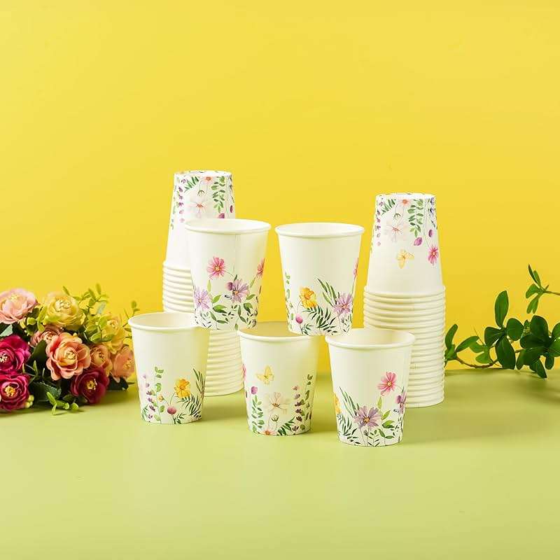Elyxio 100Pcs Wildflowers Butterfly Disposable Party Paper Cups 9oz | Spring Summer Floral Hot Cold Beverage Drinking Cups for Bridal Wedding Shower Shower Party Supplies - Image 6