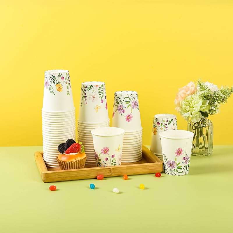 Elyxio 100Pcs Wildflowers Butterfly Disposable Party Paper Cups 9oz | Spring Summer Floral Hot Cold Beverage Drinking Cups for Bridal Wedding Shower Shower Party Supplies - Image 7